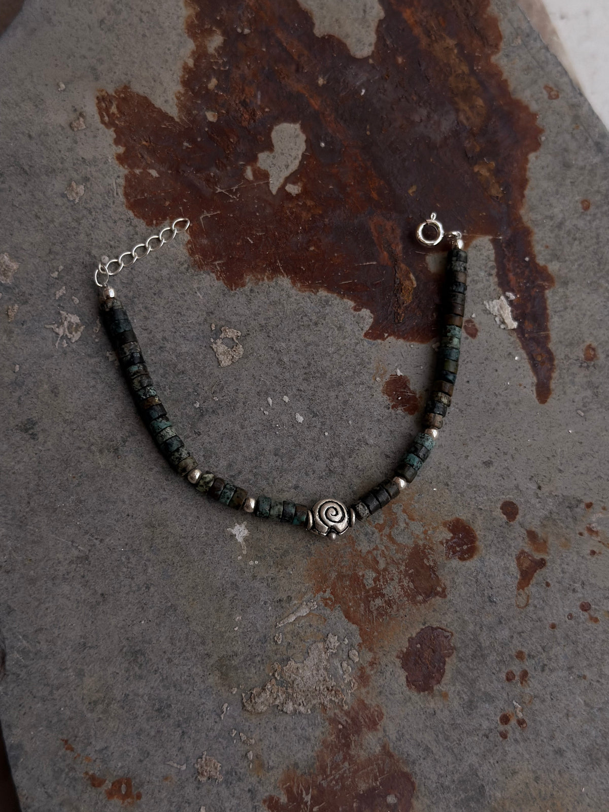 925 Sterling Silver African Turquoise Flat Tube Crystal Spiral Boho Charm With Silver Balls Bracelet