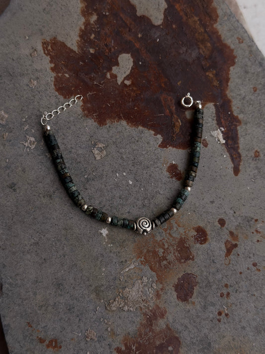 925 Sterling Silver African Turquoise Flat Tube Crystal Spiral Boho Charm With Silver Balls Bracelet
