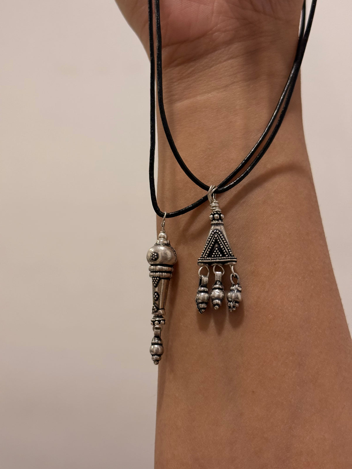 925 Sterling Silver Black Leather Cord Mandali Teekona Ghungroo Tribal Necklace