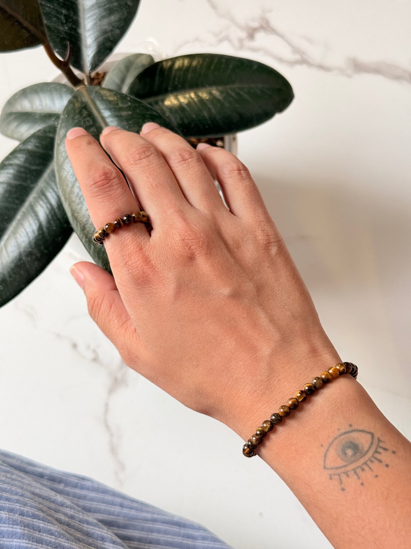 Natural Crystal Tiger Eye 4MM Stretchy Ring & Bracelet