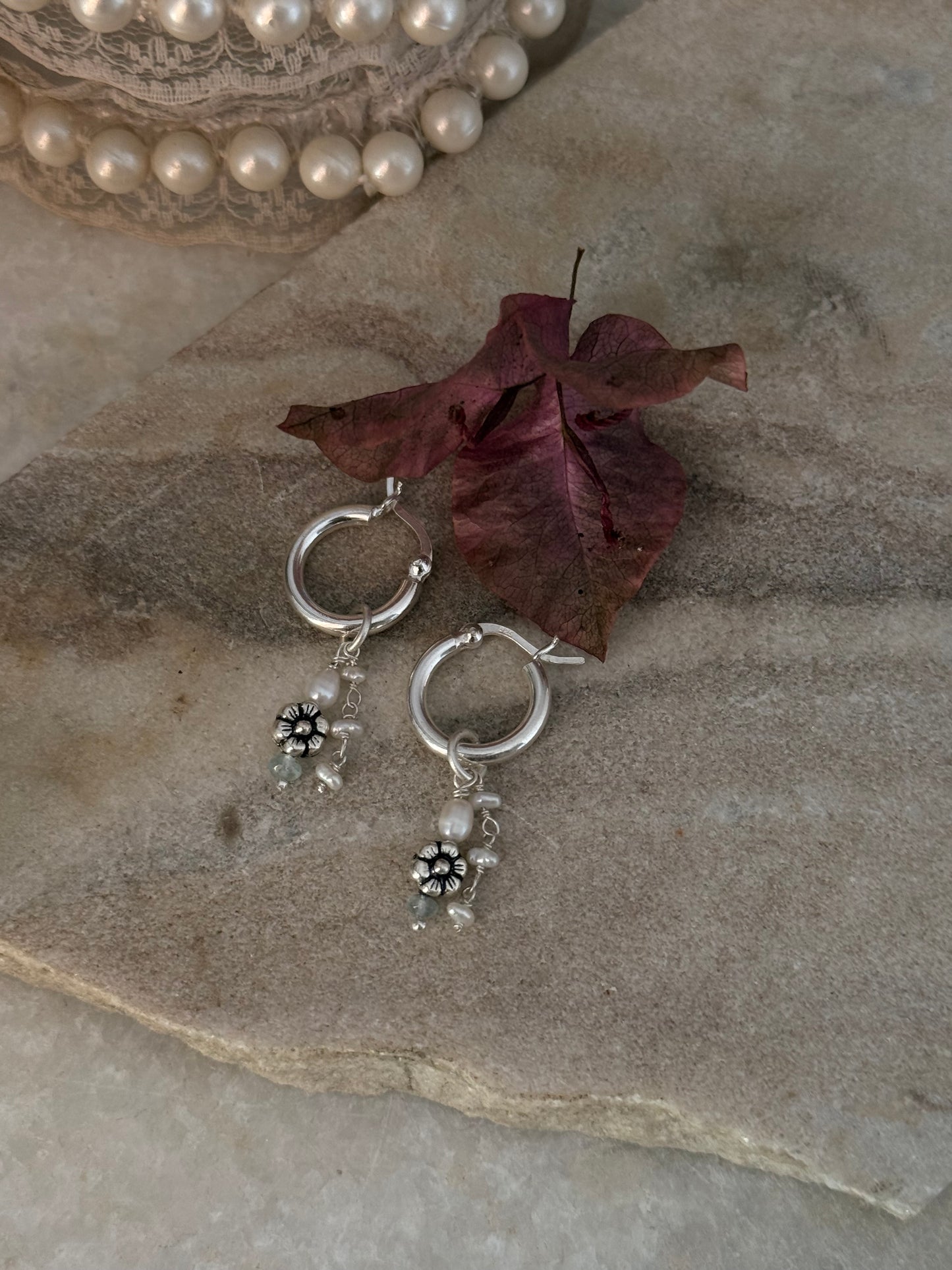 925 Sterling Silver Fresh Water Pearl, Aquamarine & Floral Hoops