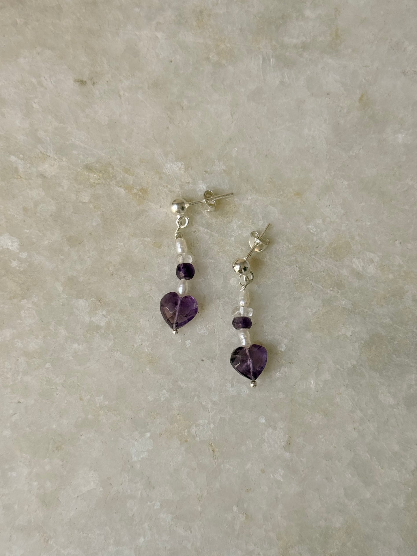 925 Sterling Silver Amethyst Heart, Clear Quartz & Pearl Stud Earrings