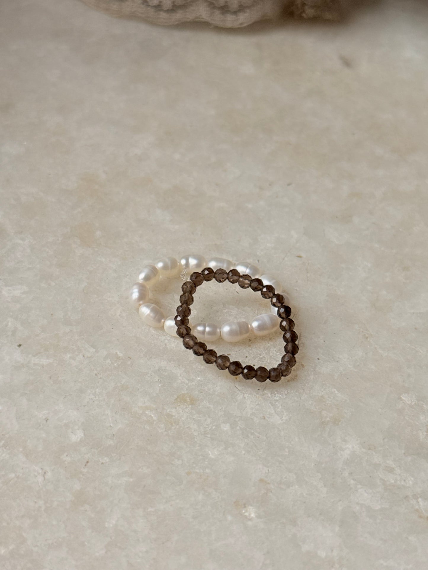 Natural Crystal Stretchy Smokey Quartz 2mm & Fresh Water Pearl Rings
