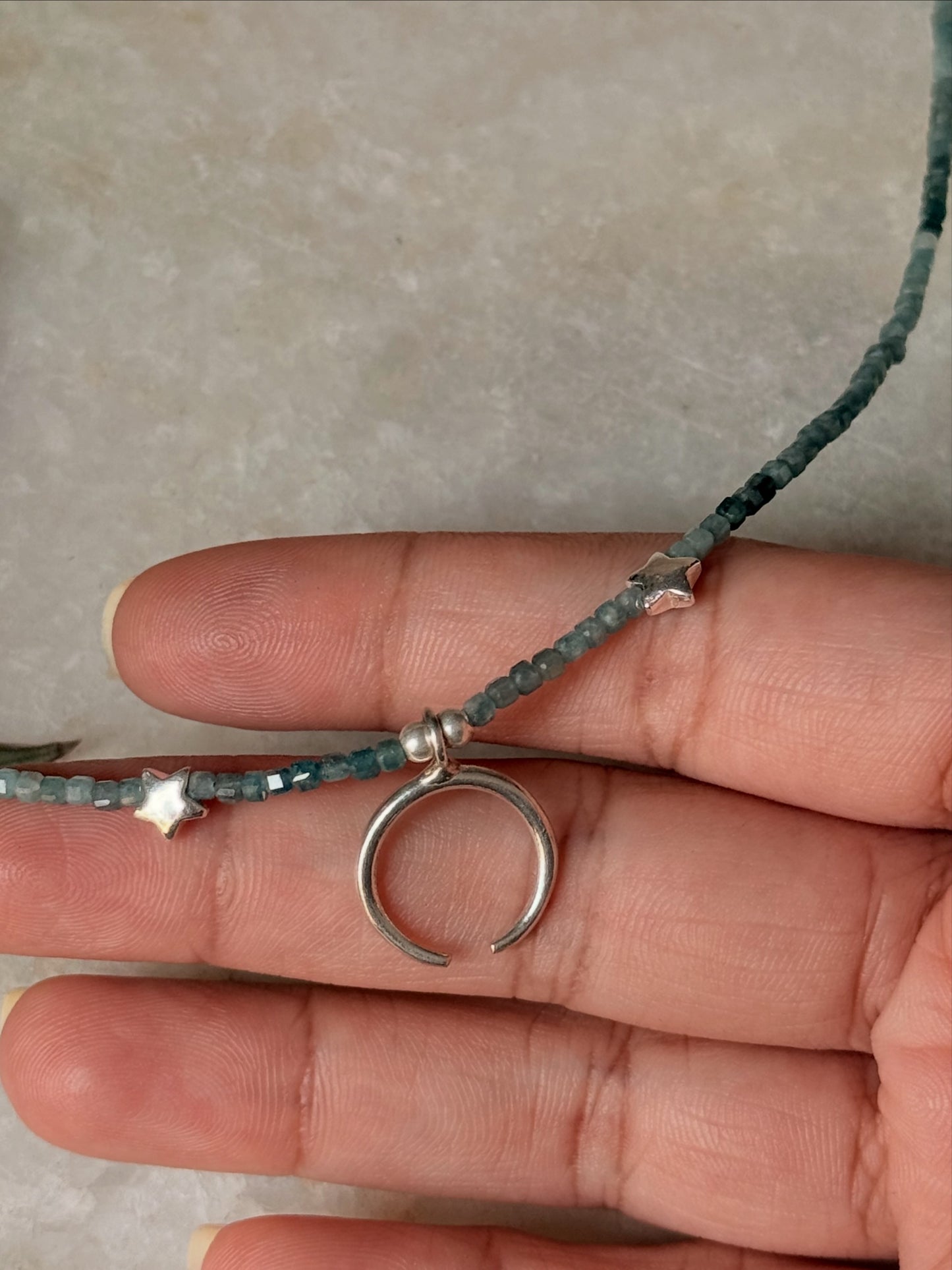 925 Sterling Silver Grandidierite Box Gradient, Star & Moon Handcrafted Necklace