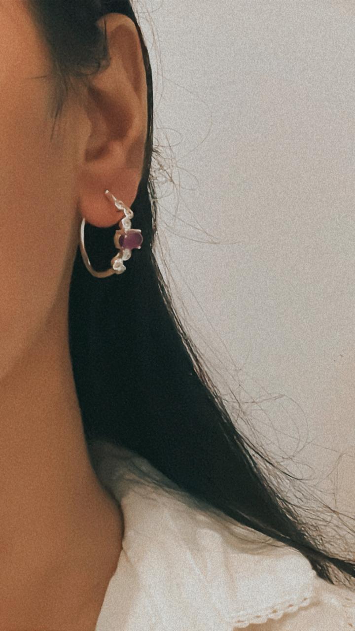 Amethyst Cz Half Silver Hoops