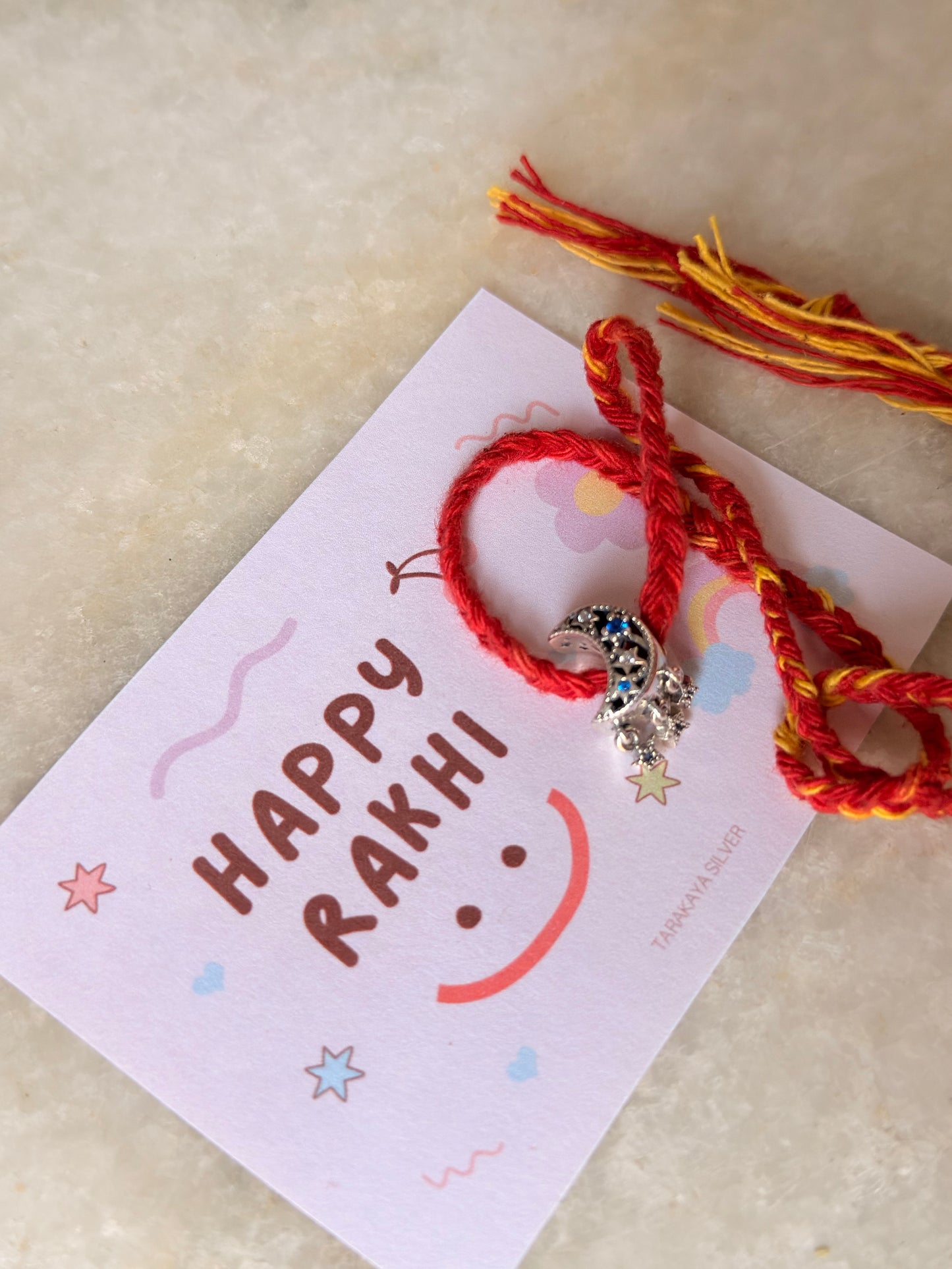 925 Sterling Silver Moon Stars Charm Rakhi ~ Reusable as Pendant/Bracelet Charm Handcrafted Rakhi