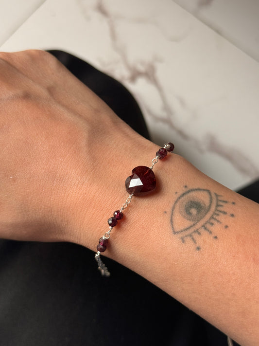 925 Sterling Silver Garnet Heart 4mm Handcrafted Bracelet
