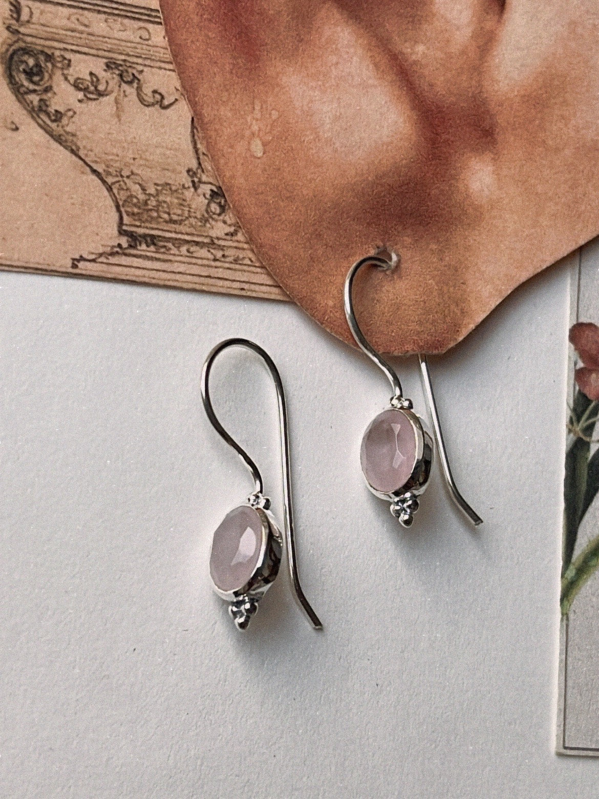 Rose quartz boho hook earrings in 925 sterling silver
