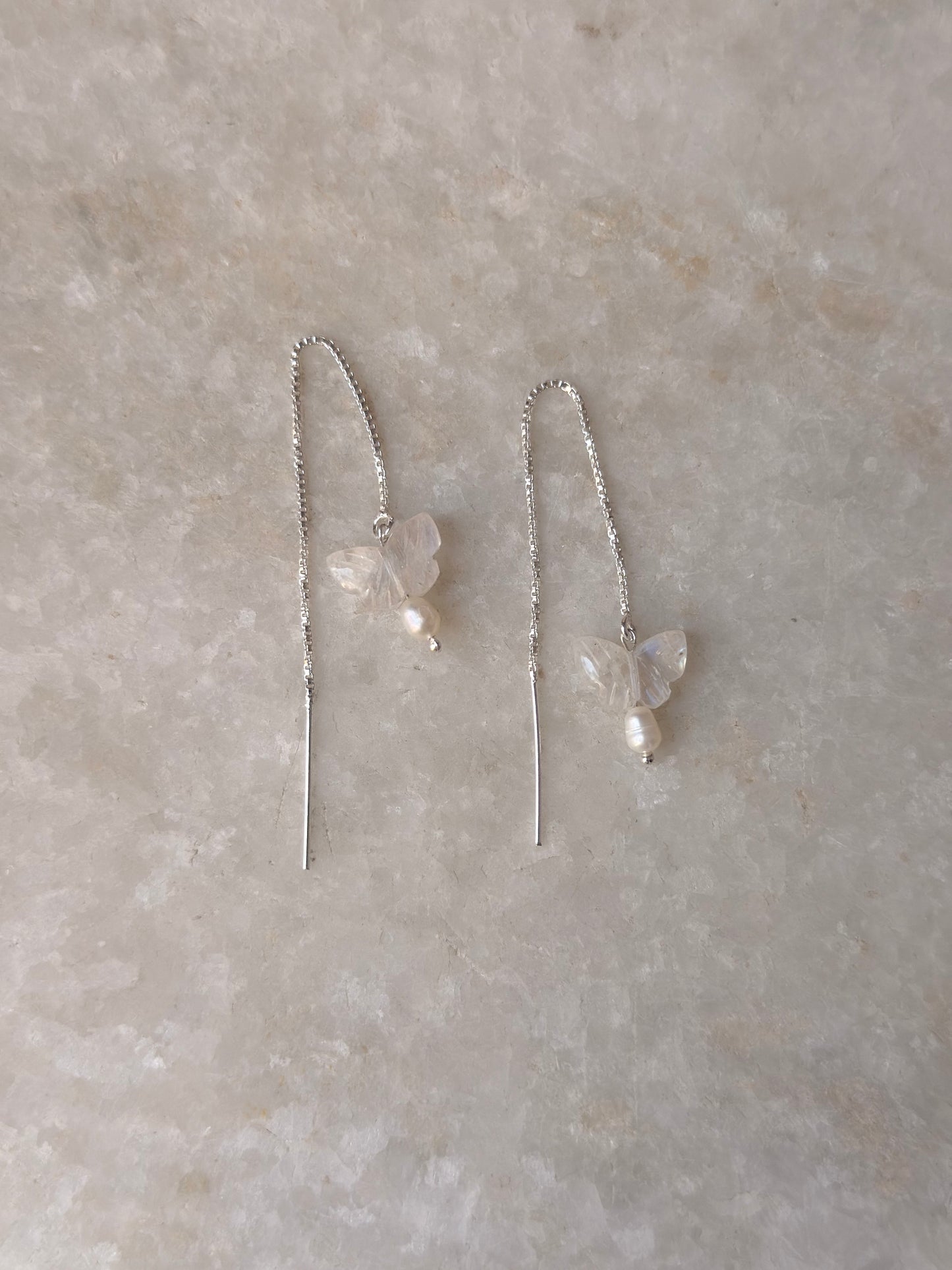 925 Sterling Silver Moonstone Butterfly & Pearls Sui Dhaga Earrings
