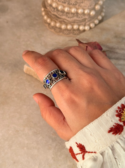 925 Sterling Silver Blue Kundan Antique Rawa Style Adjustable Handcrafted Ring