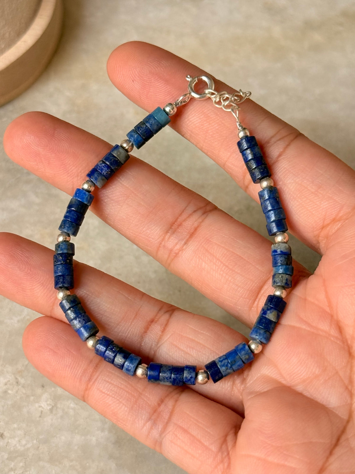 925 Sterling Silver Lapis Lazuli Flat Tube Crystal Silver Balls Bracelet