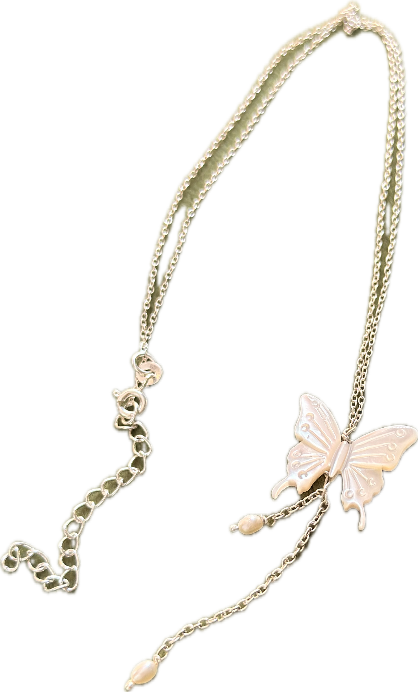 925 Sterling Silver Mother of Pearl Butterfly, Adjustable Chain With Fresh Water Pearls Charm Handcrafted Necklace