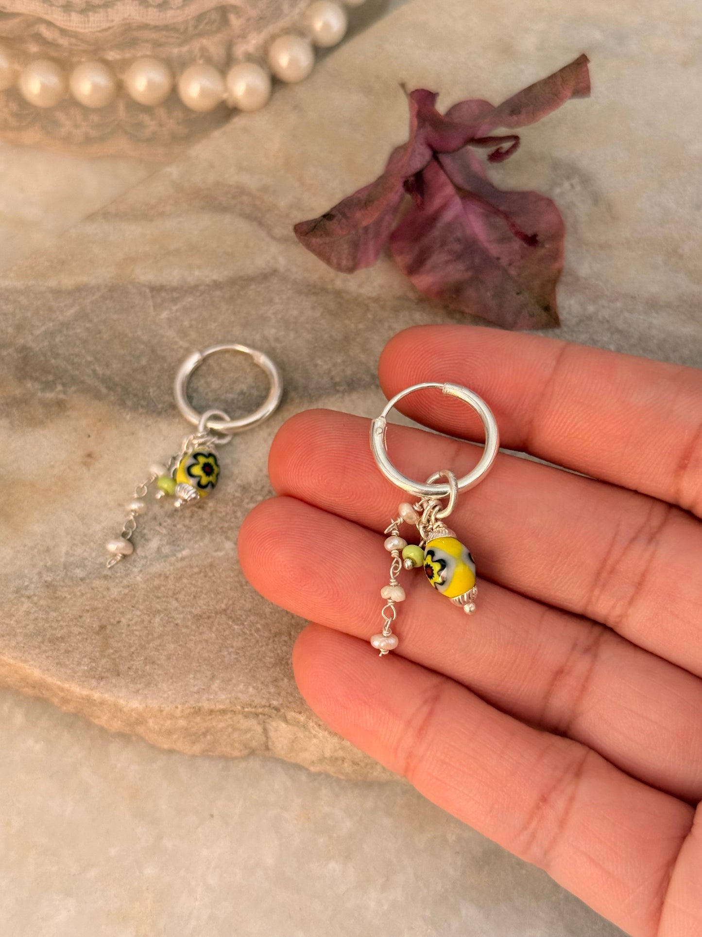 925 Sterling Silver Pinterest Fresh Water Pearl & Green Italian Hoops