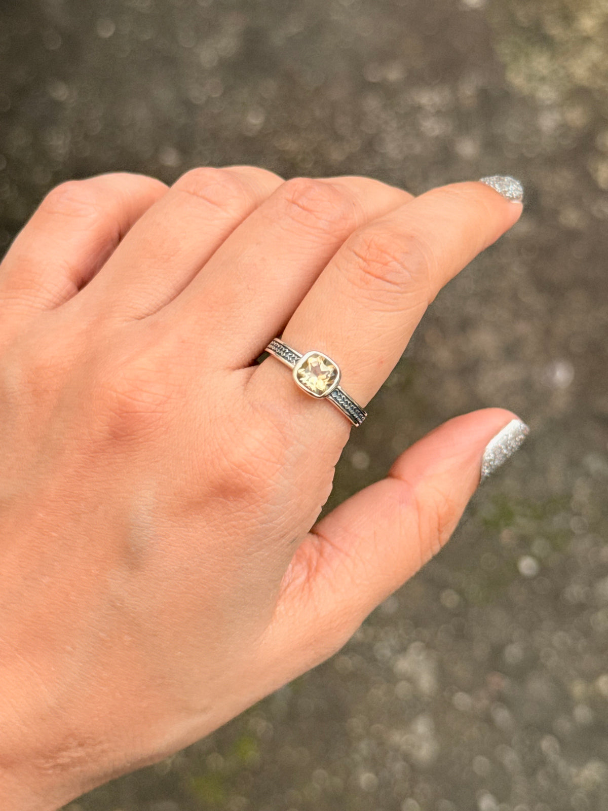 925 Sterling Silver Citrine Square Vintage Band Ring