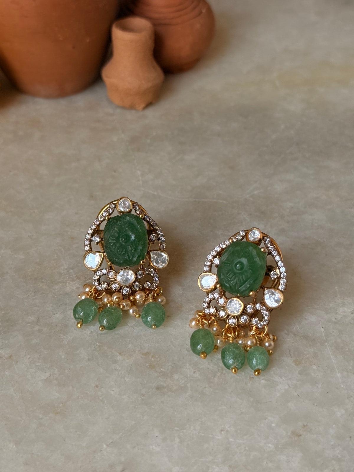 925 Sterling Silver Gold Plated Green Onyx Studs Earrings