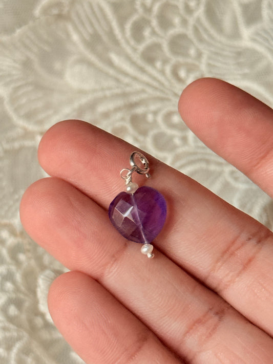 925 Sterling Silver Amethyst Heart with Pearl Crystal Charm