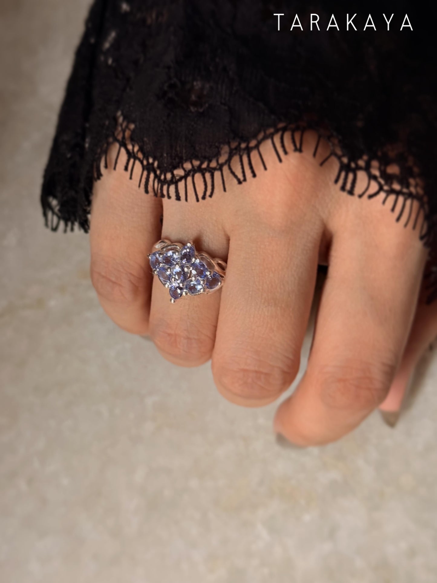 925 Sterling Silver Natural Tanzanite Faceted Flower Vintage Style Band Statement Ring