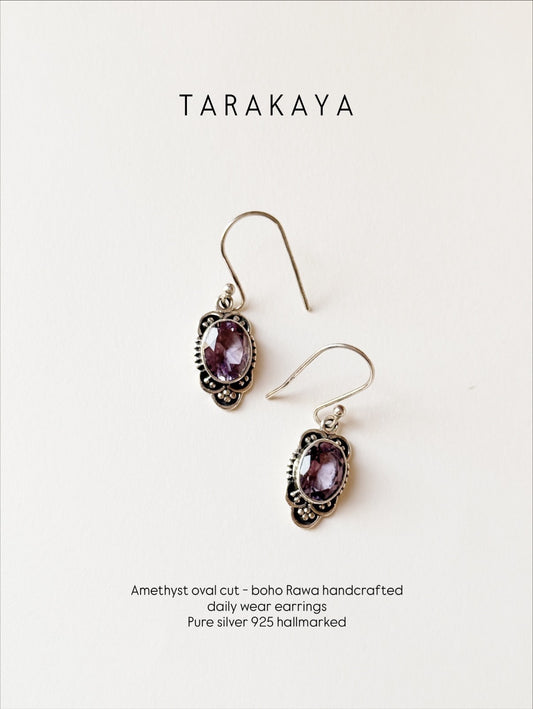 Amethyst oval cut boho rawa hook 925 sterling silver earrings