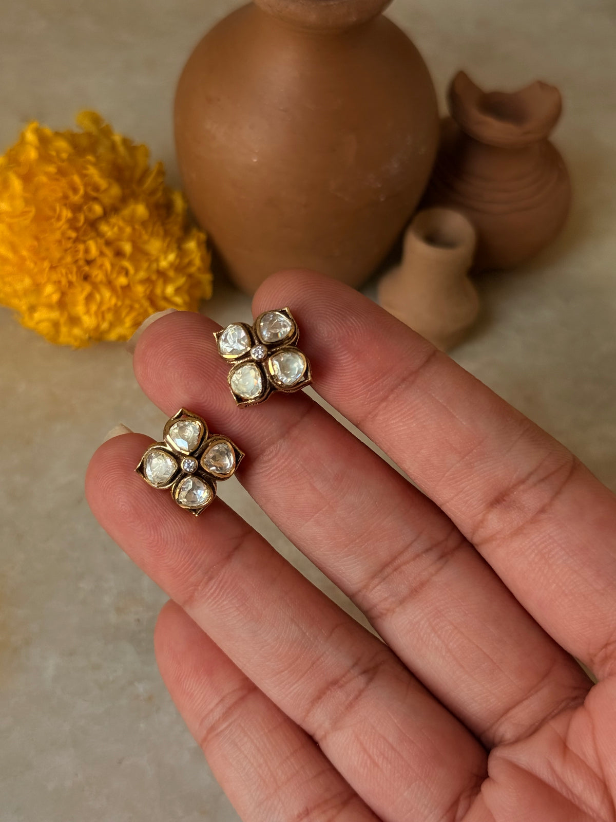925 Sterling Silver Gold Plated Moissanite Polki Studs Earrings