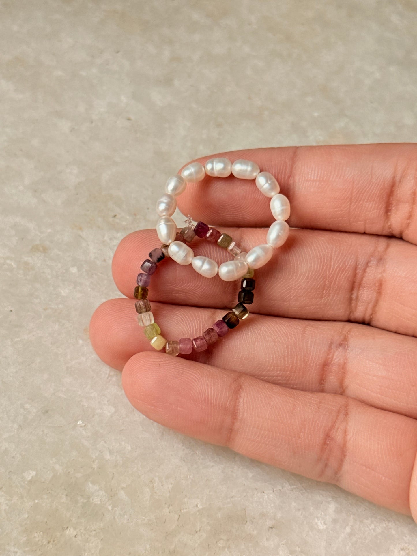 Natural Crystal Stretchy Multi Tourmaline Box & Fresh Water Pearl Rings