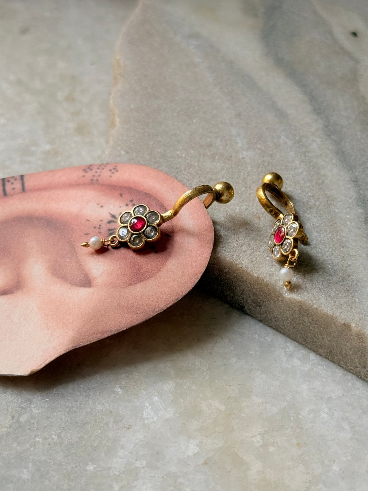 925 Sterling Silver Gold Plated Pink White Stone Kundan Polki & Fresh Water Pearls Charm Bugadi Ear Cuff