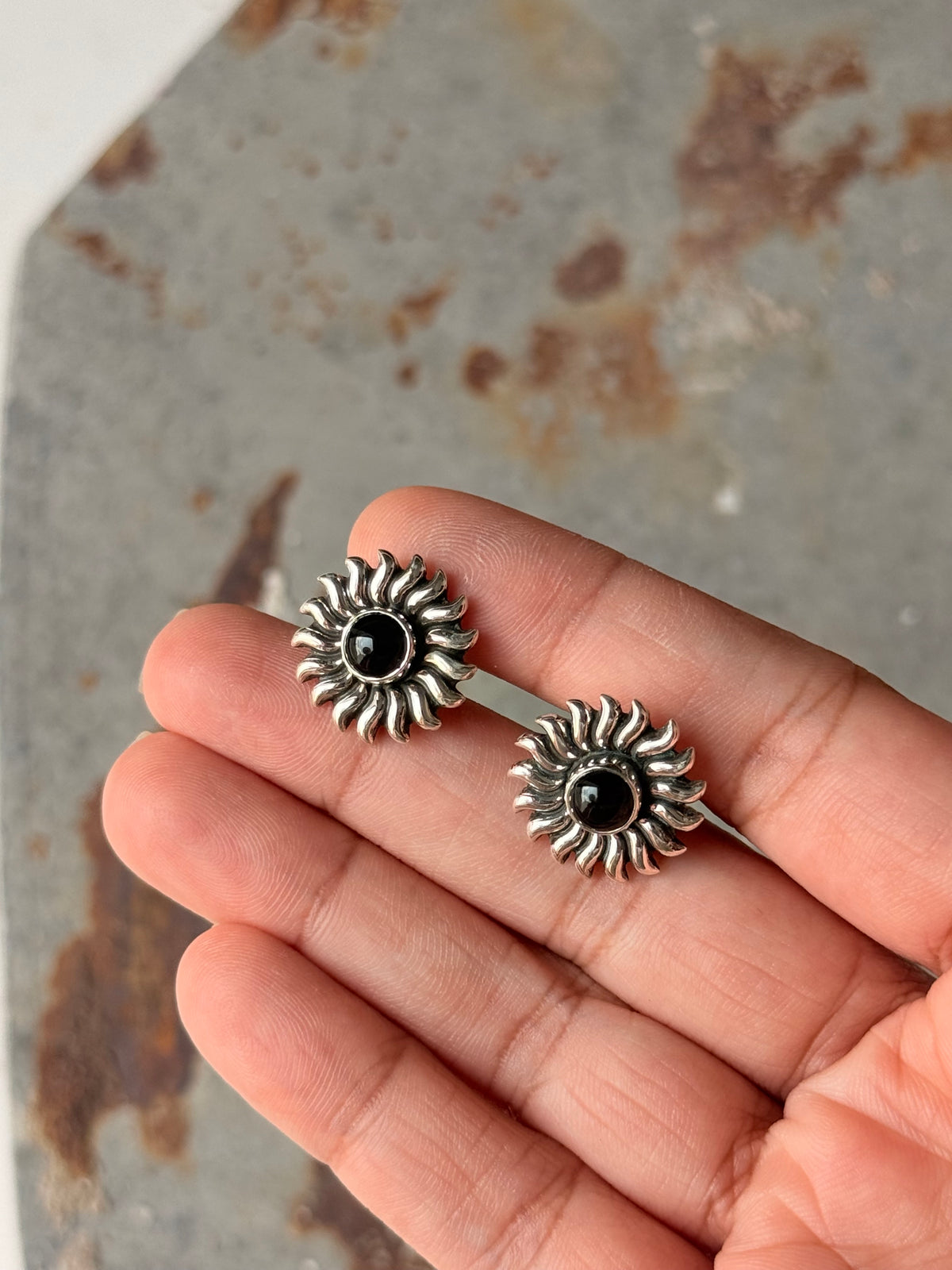 925 Sterling Silver Black Onyx Sun Statement Studs Earrings