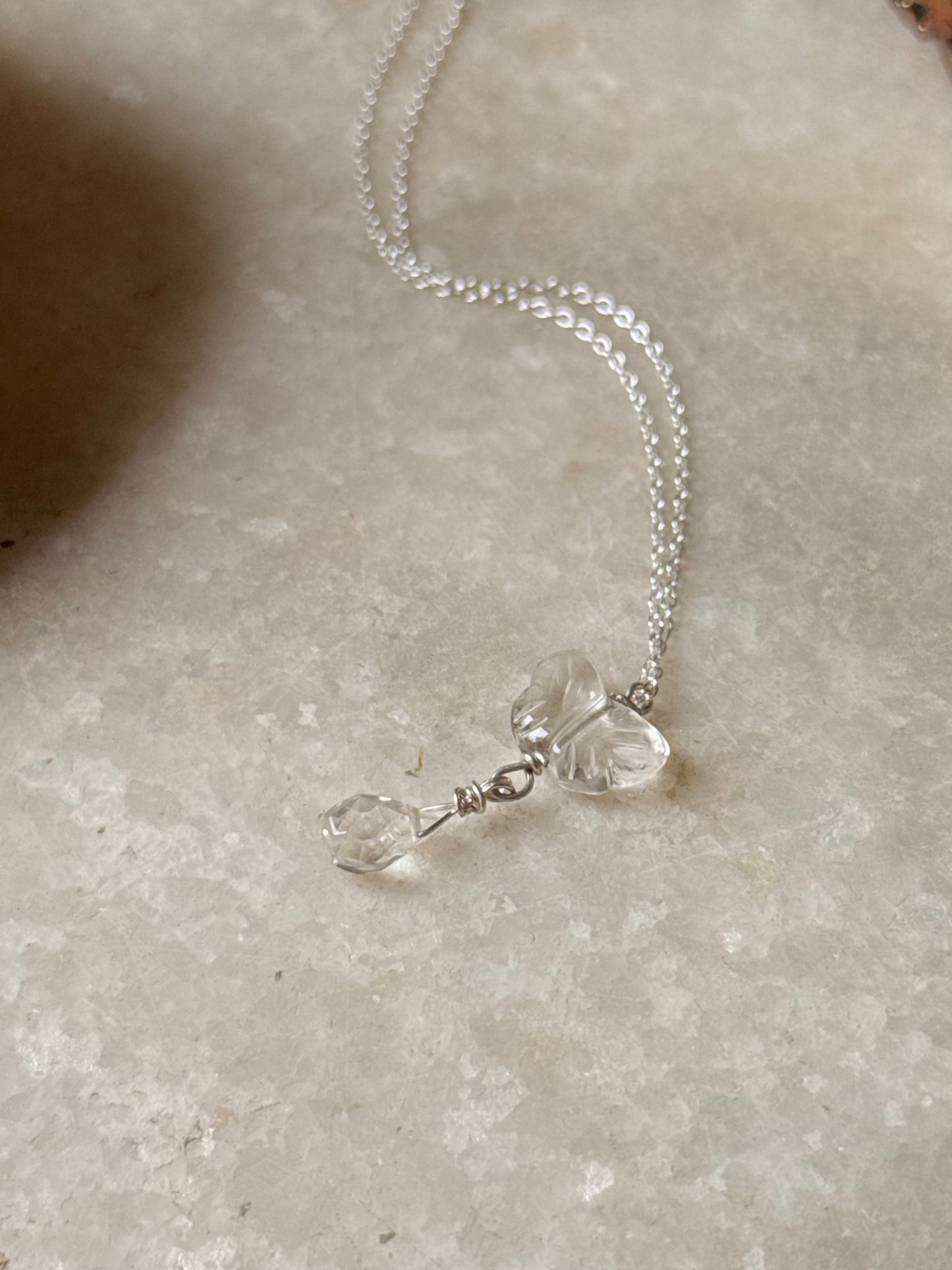 925 Sterling Silver Clear Quartz Butterfly, Clear Quartz Drop Handcrafted Necklace