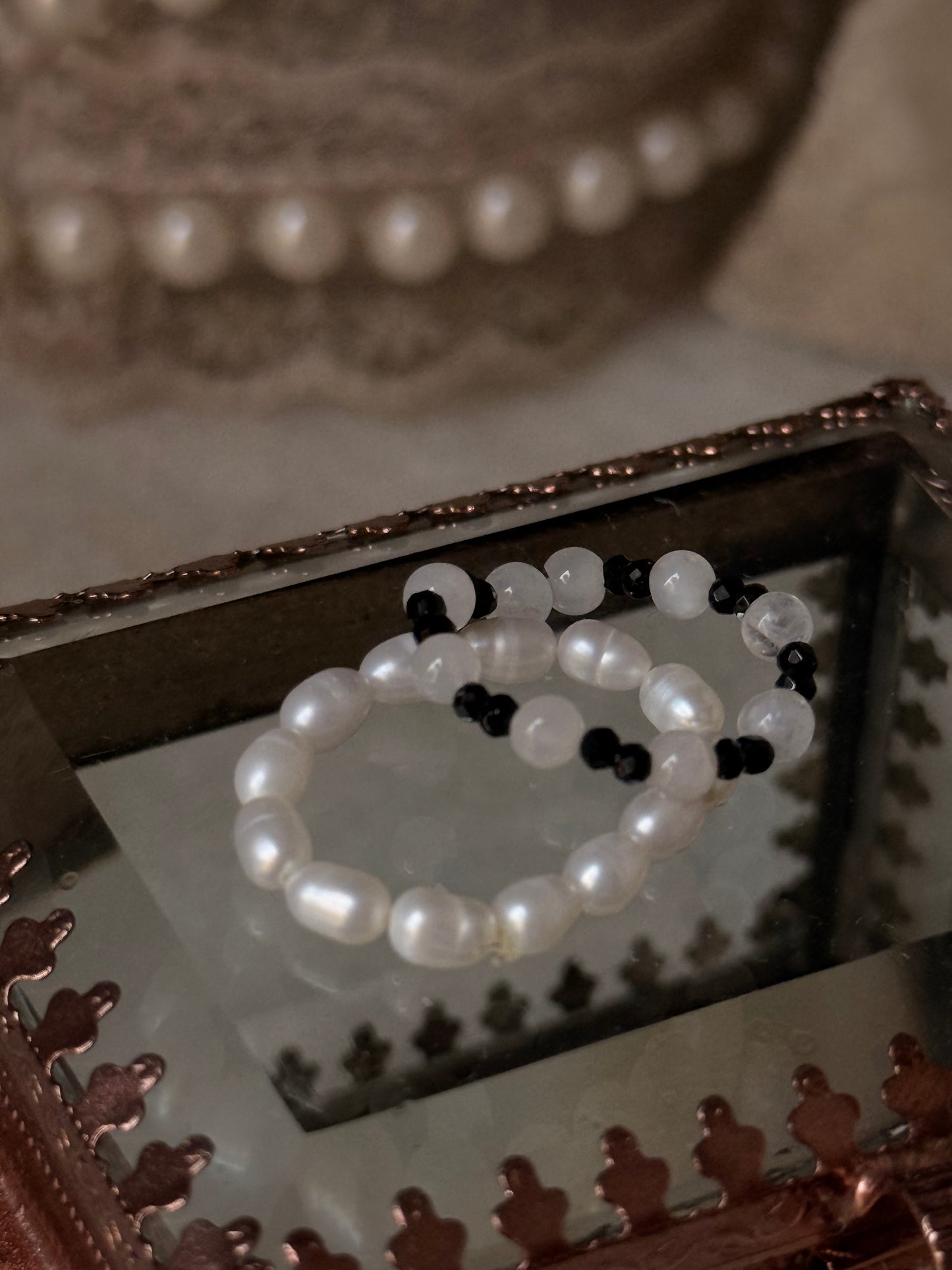 Natural Crystal Stretchy Fresh Water Pearl & Black Spinel Moonstone Rings