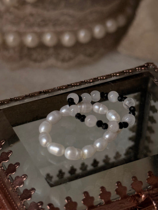 Natural Crystal Stretchy Fresh Water Pearl & Black Spinel Moonstone Rings