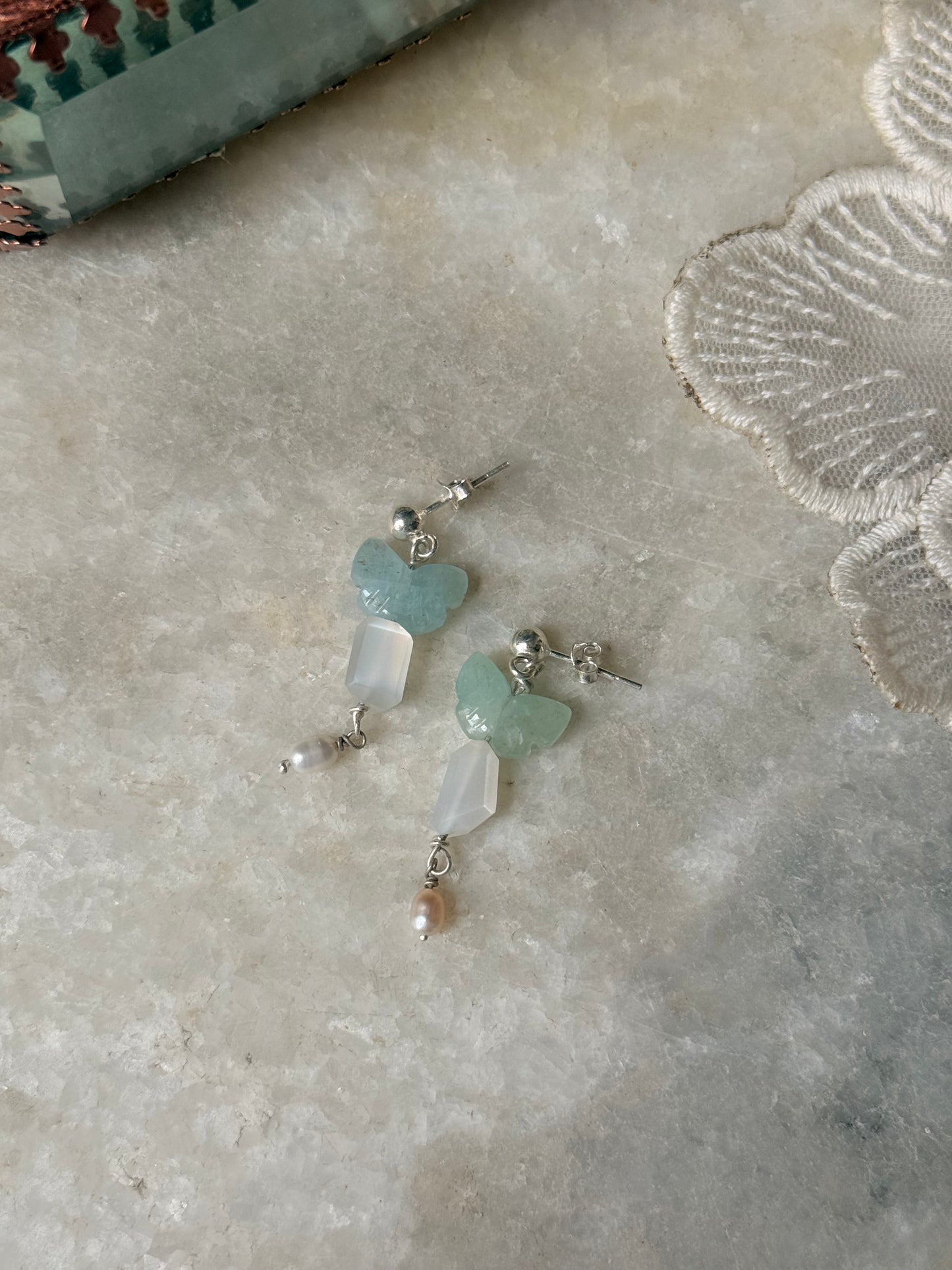 925 Sterling Silver Aquamarine Butterfly Moonstone Fresh Water Pearl Studs Earrings