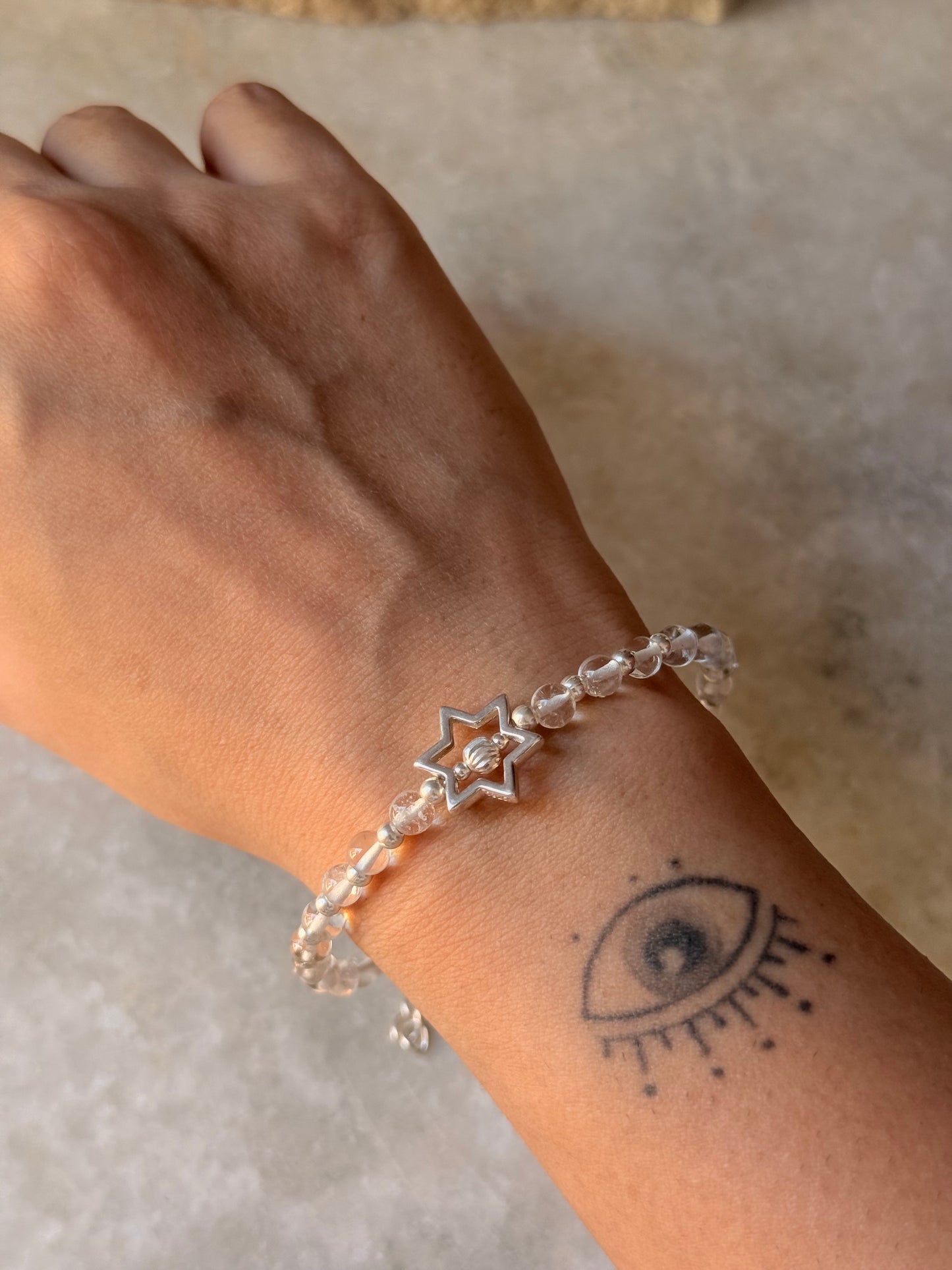 925 Sterling Silver Clear Quartz 4mm Silver Star Charm and Silver Disco Beads Bracelet - Beaded in Pure Silver 925 Wire