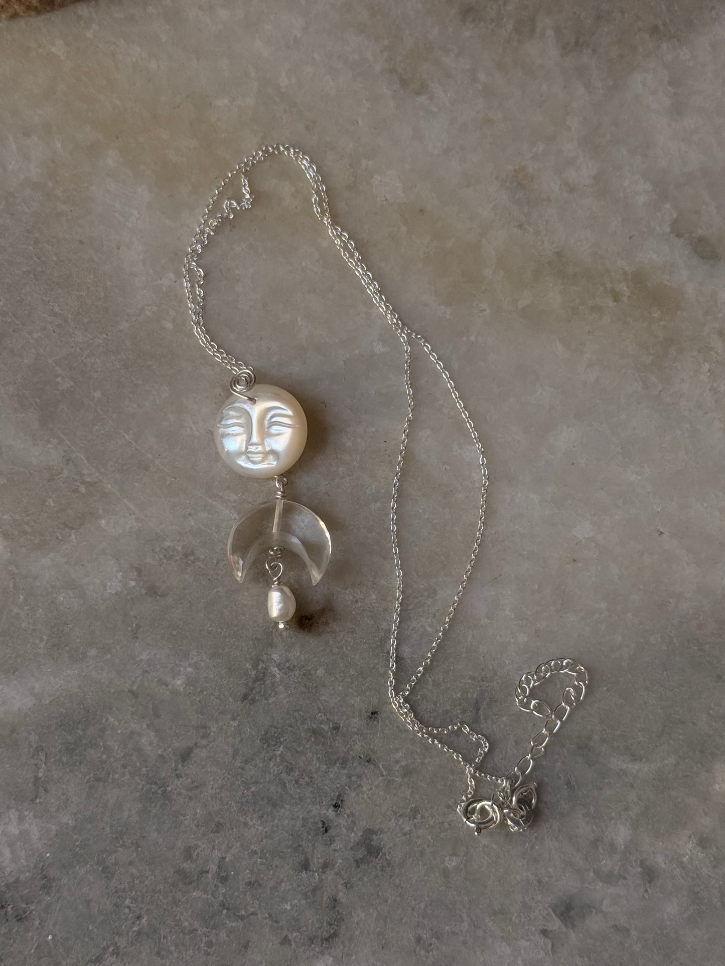925 Sterling Silver Mother of Pearl Full Moon Face Spiral Carved, Clear Quartz Moon Handcrafted Necklace