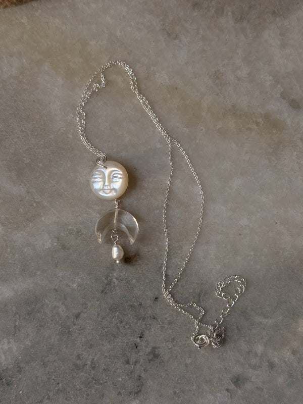 925 Sterling Silver Mother of Pearl Full Moon Face Spiral Carved, Clear Quartz Moon Handcrafted Necklace