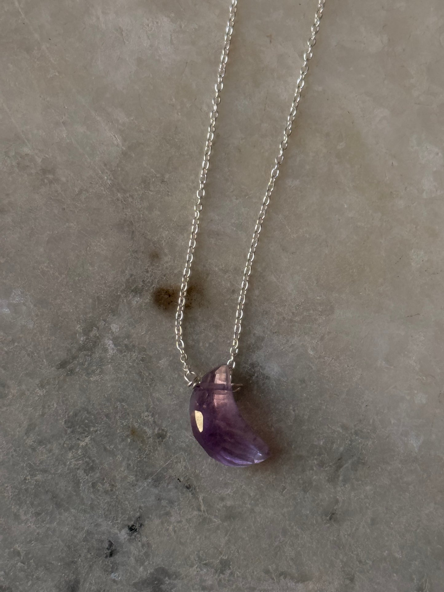925 Sterling Silver Amethyst Moon Crescent Carved Handcrafted Necklace