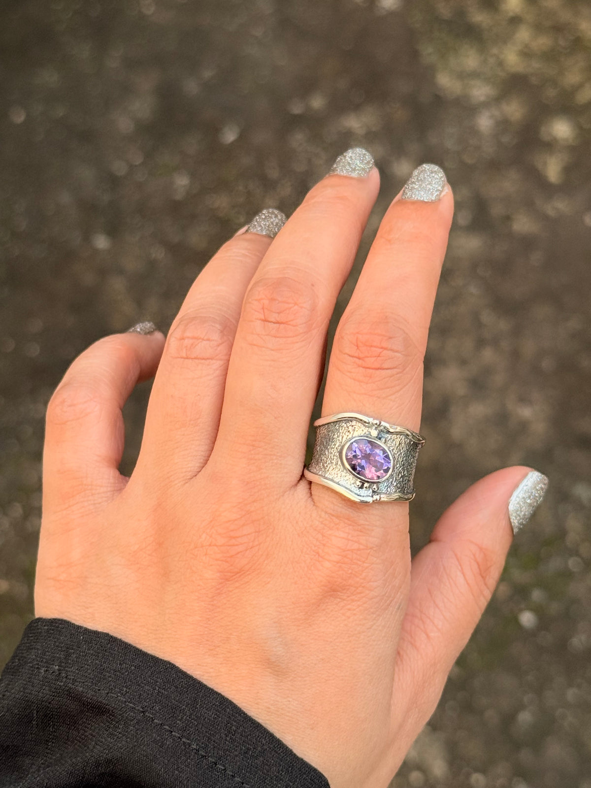 925 Sterling Silver Amethyst Textured Rustic Statement Handcrafted Ring