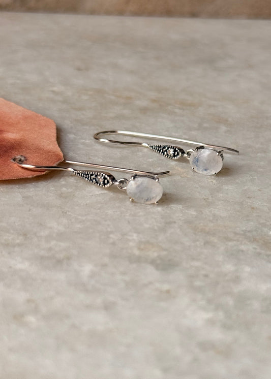 925 Sterling Silver Moonstone Oval Cut Vintage Style Earrings