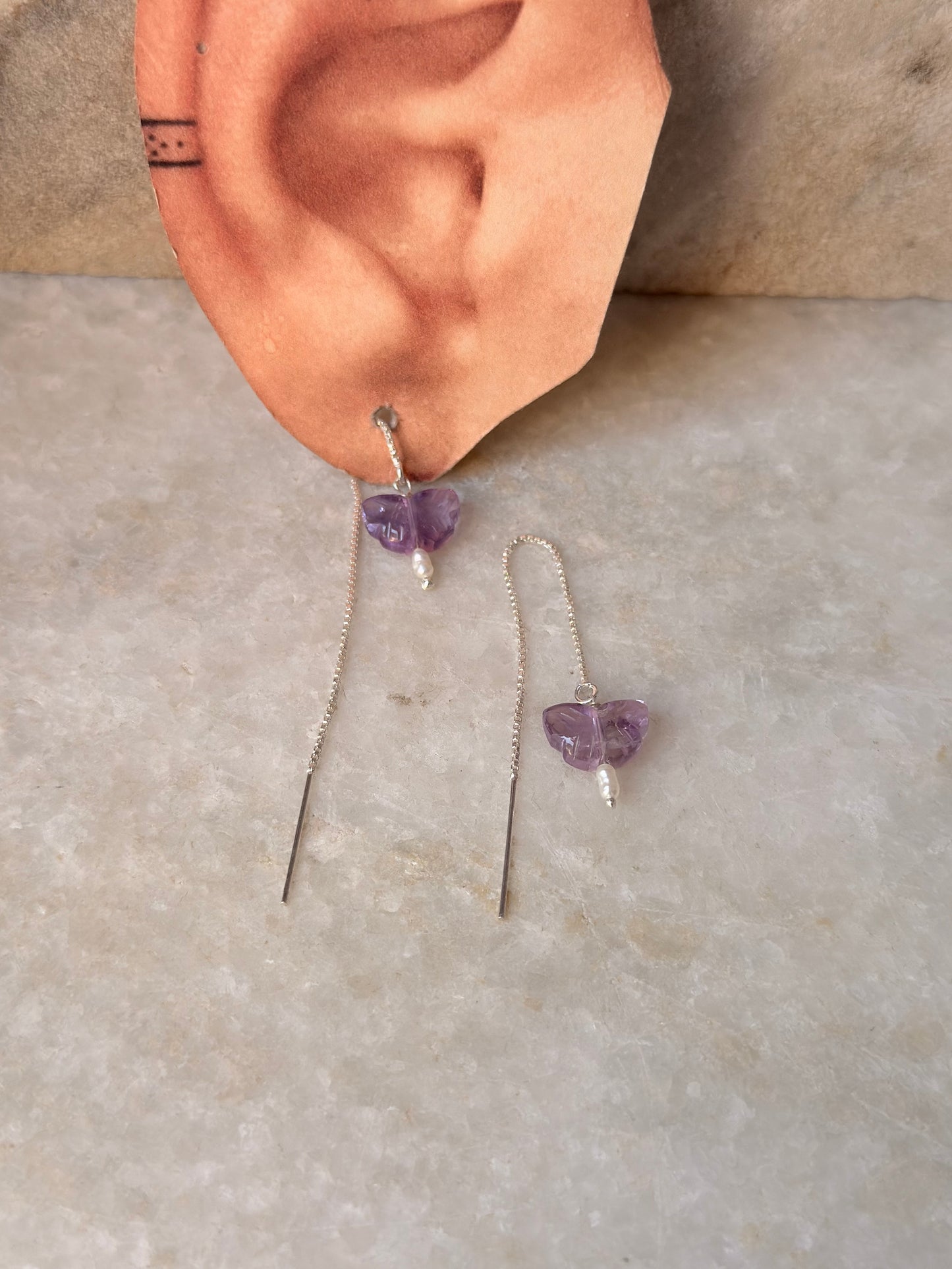 925 Sterling Silver Amethyst Butterfly & Pearl Threader Earrings