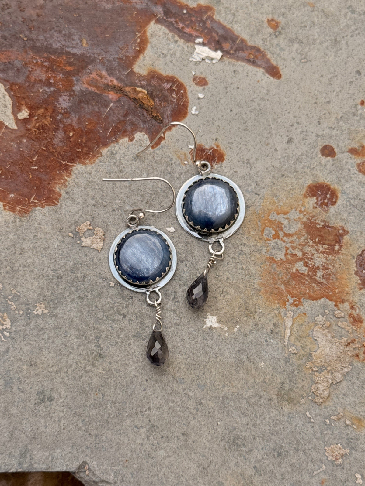 925 Sterling Silver Round Kyanite & Iolite Drop Gothic Rustic Handcrafted Hook Earrings
