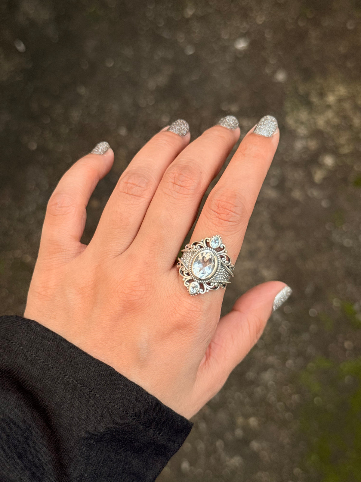 925 Sterling Silver Clear Quartz Blue Topaz Vintage Style Statement Ring