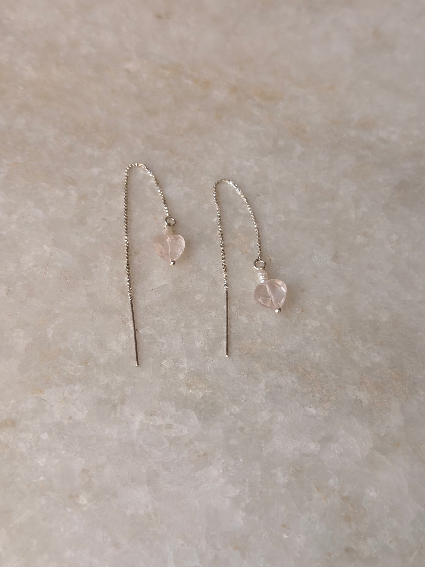 925 Sterling Silver Rose Quartz Heart & Pearl Sui Dhaga Earrings