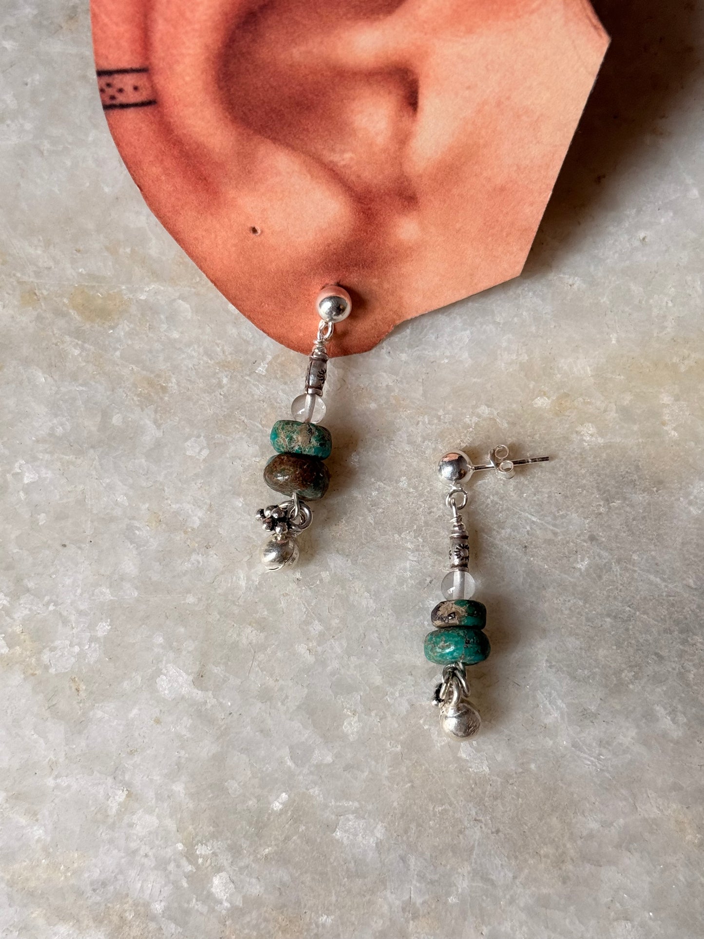 925 Sterling Silver Kingsman Turquoise, Clear Quartz , Sun Engraved Beads & Ghungroo Tribal Handcrafted Studs