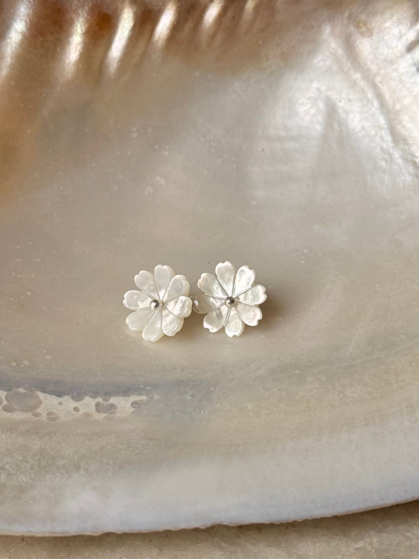 925 Sterling Silver Mother of Pearl Flower Carved - 2mm Tiny Studs- 2 in 1