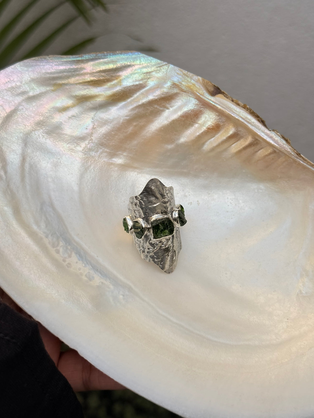 925 Sterling Silver Green Tourmaline Raw Uncut Molten Textured Statement Handcrafted Ring