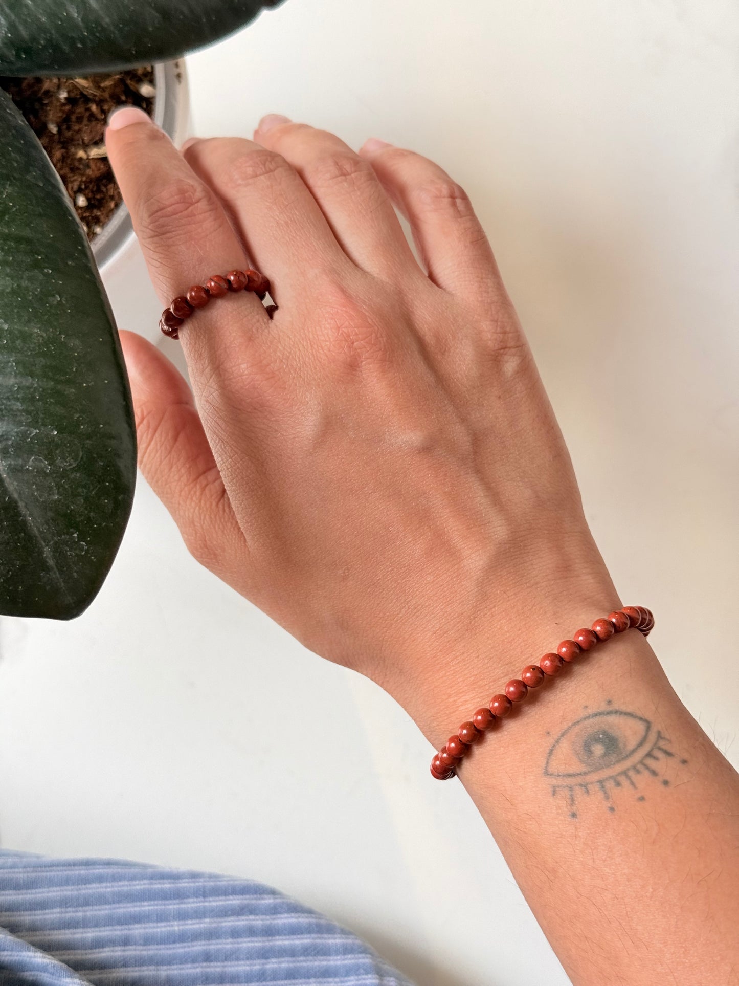 Natural Crystal Red Jasper 4mm Stretchy Rings & Bracelet