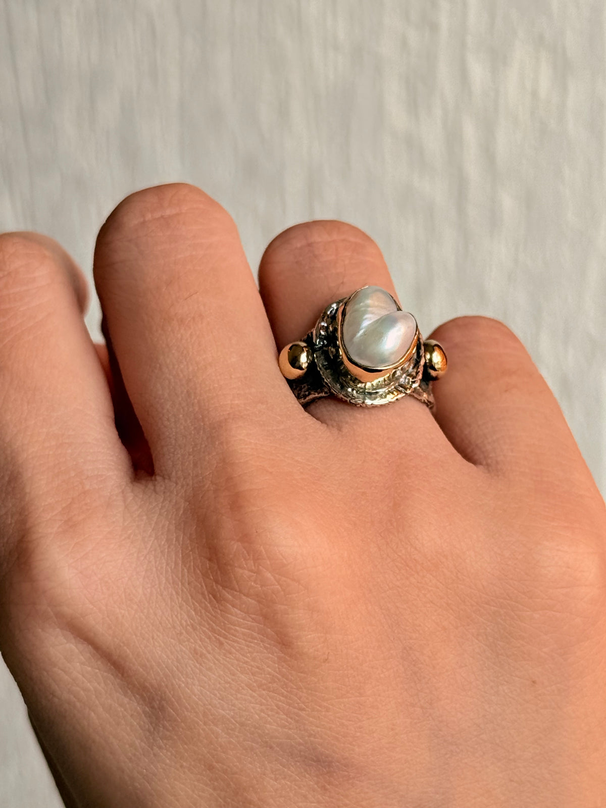 925 Sterling Silver Baroque Pearl Rustic Fusion Handcrafted Ring
