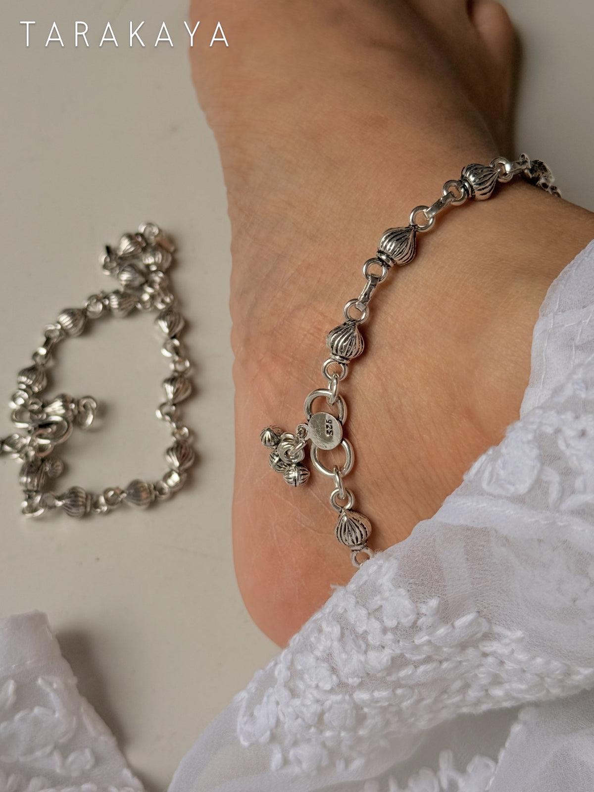 925 Sterling Silver Tribal Shell Textured Balls Handcrafted Anklet