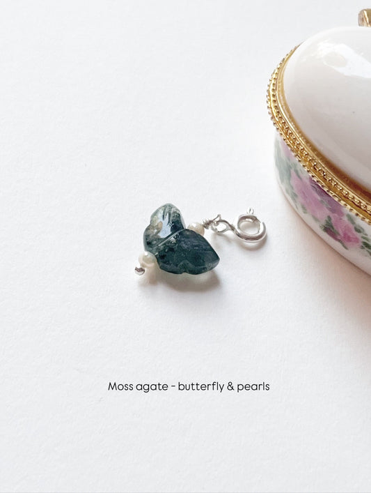 Moss Agate Butterfly Pearls 925 Sterling Silver Charm