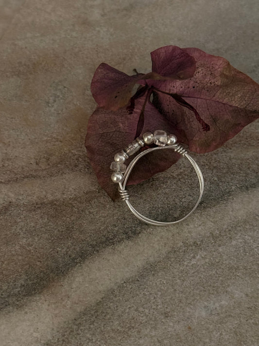 925 Sterling Silver Clear Quartz Sun Engraved Silver Bead Wire Wrapped Handcrafted Ring