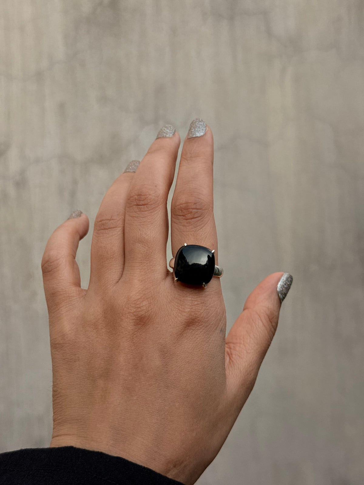 925 Sterling Silver Black Onyx Square Prong Setting Contemporary Style Ring
