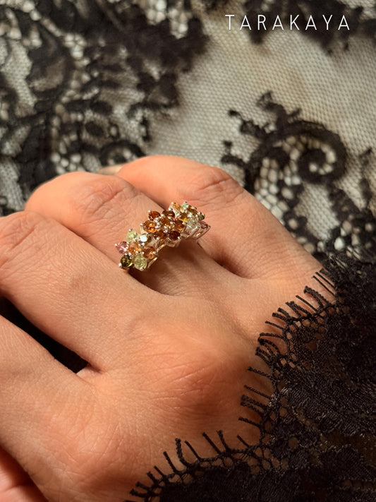 925 Sterling Silver Multi Tourmaline 3 Flowers Band Statement Ring